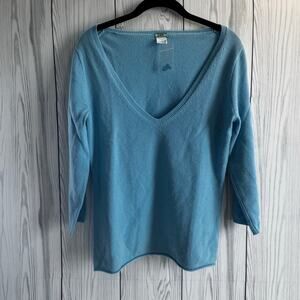 J Crew Womens Cashmere V Neck 3/4 Sleeve Pullover Sweater Blue Size M